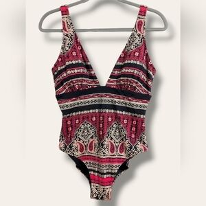 Zingara Red Black Floral Paisley Plunging V-Neck One-Piece Swimsuit Sexy Couture